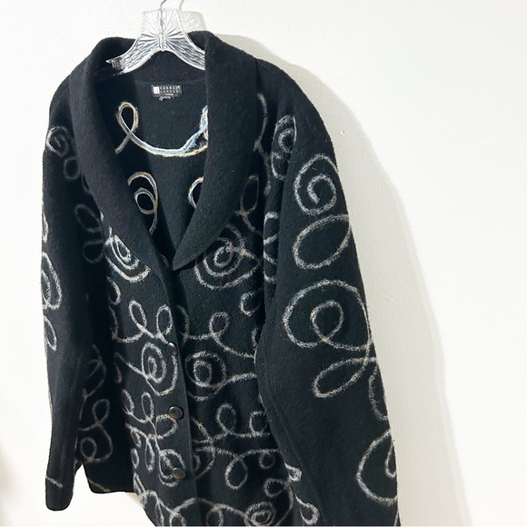 Vintage Carole Little Boiled Wool Cardigan Jacket Black- Yellow Blue White Swirl - Picture 3 of 16